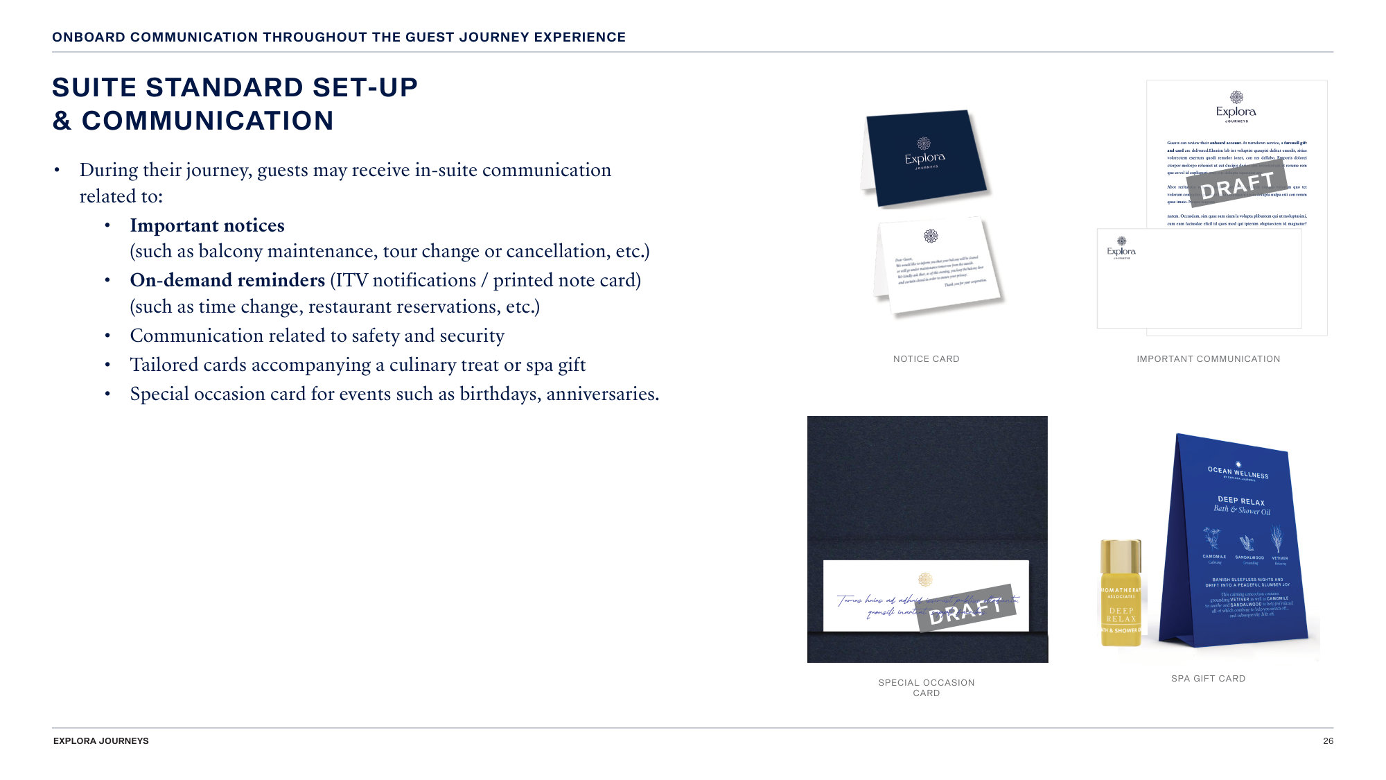 In-suite cards. Notices, on-demand reminders, and the tailored card that rides with a spa gift.